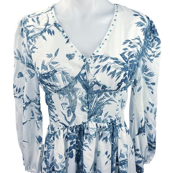 Commense Multicolor Floral Print Long Sleeve V-Neck A-Line Blue White Midi Dress - Picture 3 of 4